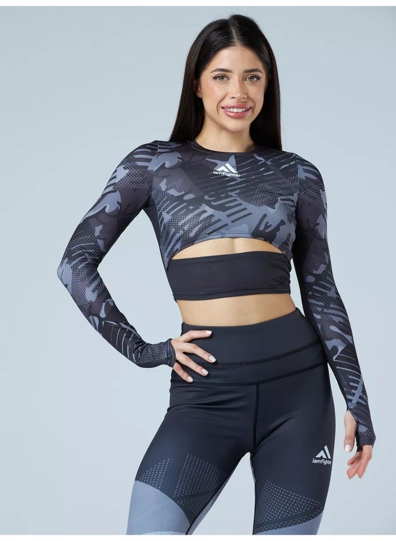 IAMFIGHTER Women’s Long Sleeve Crop Top – Compression Training Top for Gym, Yoga, MMA & Fitness - Image 1